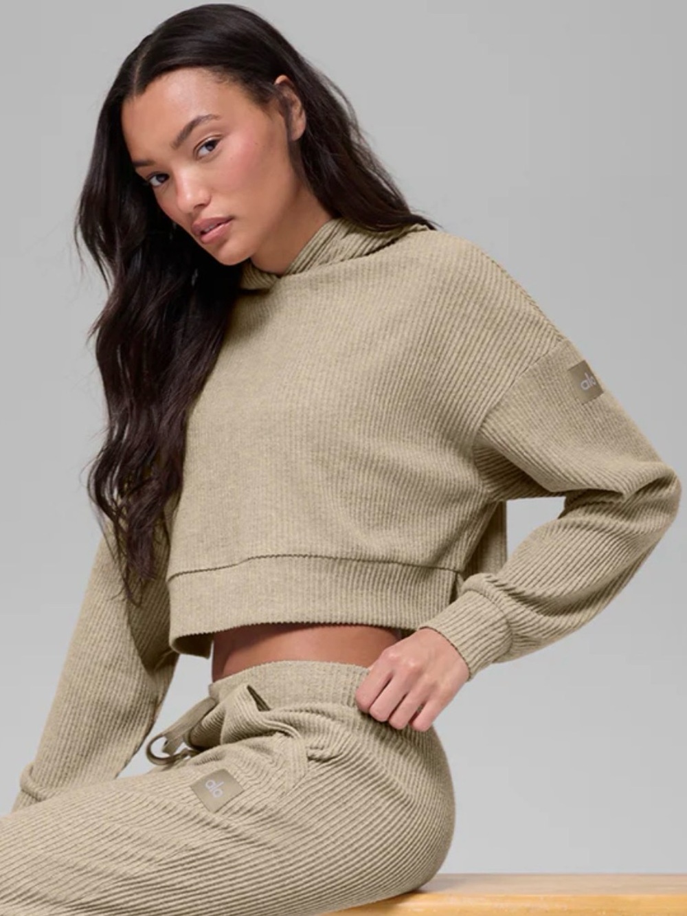 Alo Cropped Ribbed Hoodie in Olive Taupe